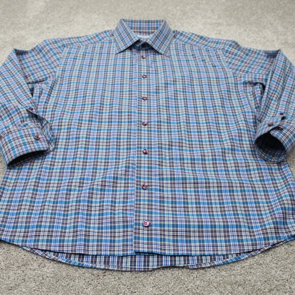 ETON Dress Shirt Men 17, 43 Blue/Green/Purple Plaid Long Sleeve Button Up - Picture 3 of 12